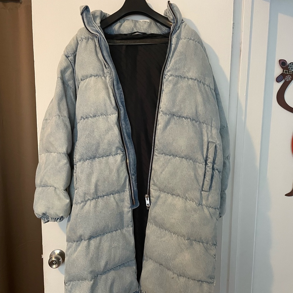 Alexander Wang Blue Bleached Denim Long Puffer Jacket